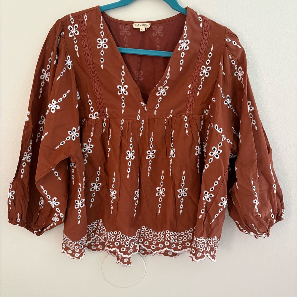Rebellion Rust Brown Embroidered V-Neck Tunic